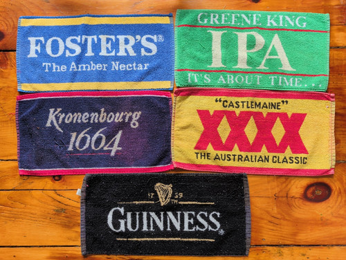 Lot Of 5 Vintage Bar Pub Towels Foster's Kronenbourg Guinness Greene King XXXX