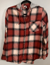 Camisa con Capucha Para Mujer MUDD Roja Multi Cuadros Abotonada - Talla Mediana Franela Y2K