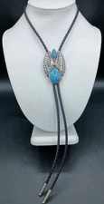 Vintage Bolo Tie Necklace Faux Turquoise Stone Inlay Braided Leather Lariat 