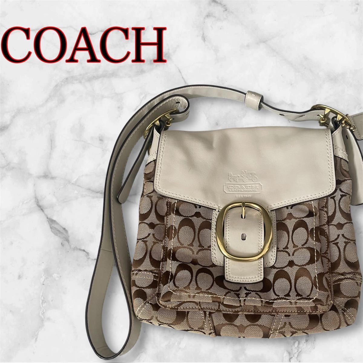 COACH Signature Shoulder Bag Beige x Brown Excellent Condition Canvas Leather wi