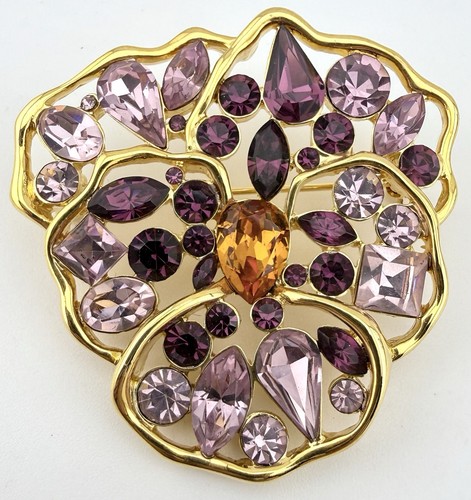 NOLAN MILLER VINTAGE GOLDTONE PURPLE & AMBER RHINESTONE PANSY BROOCH K448E