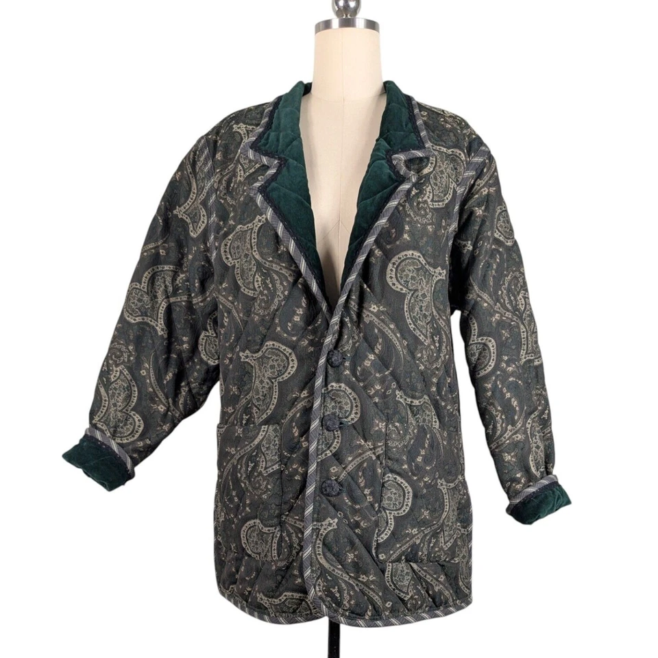 Velvet Reversible Jacket Womens L Green Tapestry Quilted 90s Y2K Vtg Whimsigoth - Image 3 of 4