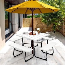 8 Seater Outdoor Picnic Table Set with Benches & Umbrella Hole – White