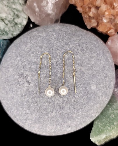 Handcrafted 14K Yellow Gold 5.15mm Natural Pearl Theader Earrings. - Picture 2 of 6