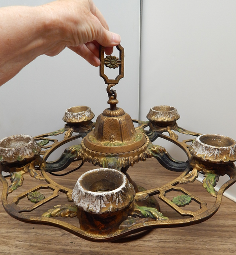 ANTIQUE ALL ORIGINL CAST IRON 5 BULB HANGING CEILING LIGHT CHANDELIER POLYCHROME - Picture 7 of 12