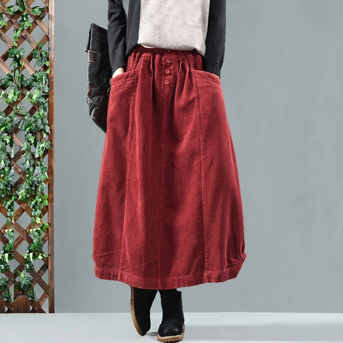 Gonne lunghe invernali lunghe casual A-Line nuove da donna in velluto a coste elastico in vita - Foto 13 di 14