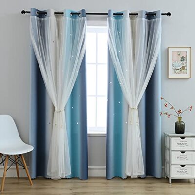  Star Cutout Curtains for Girls Room，Black Out Kids 52''W x 63''L-1Panel Blue