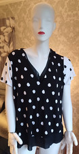 Image of M&S Black/White Polka Dot Sheer Panel V Neck Short Sleeve Top [18]