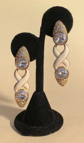 Bijoux Designs NY Clip Earrings Cream Enamel Rivoli Rhinestone 2.5" Free Ship - Picture 2 of 9