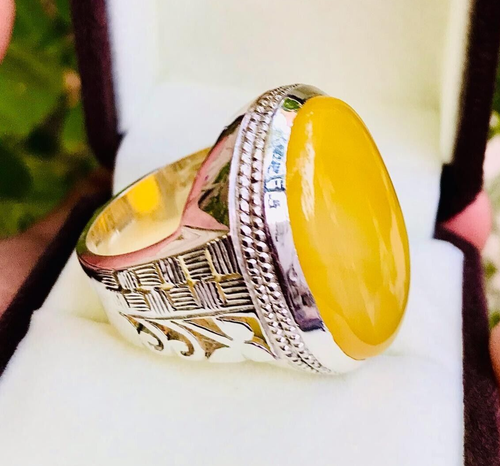 Yellow Yemeni Agate Ring, 925 Sterling Silver, Aqeeq Stone Ring For Men - Picture 3 of 4
