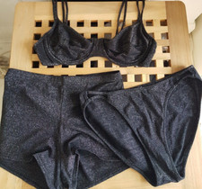 Black Glitter Hotpants & Bralet B Cup 3 Piece Co-Ord, UK Size 8-10 Festival 