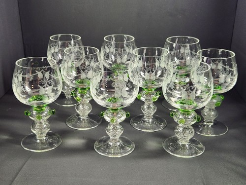 Vintage Deutsch? 9er Set Weingläser Roemer Style geätzt und mundgeblasen Glas LESEN