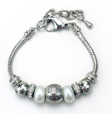 Silver Tone Rhinestone Pearl Slide Charm Bracelet Live Laugh Love Dream 
