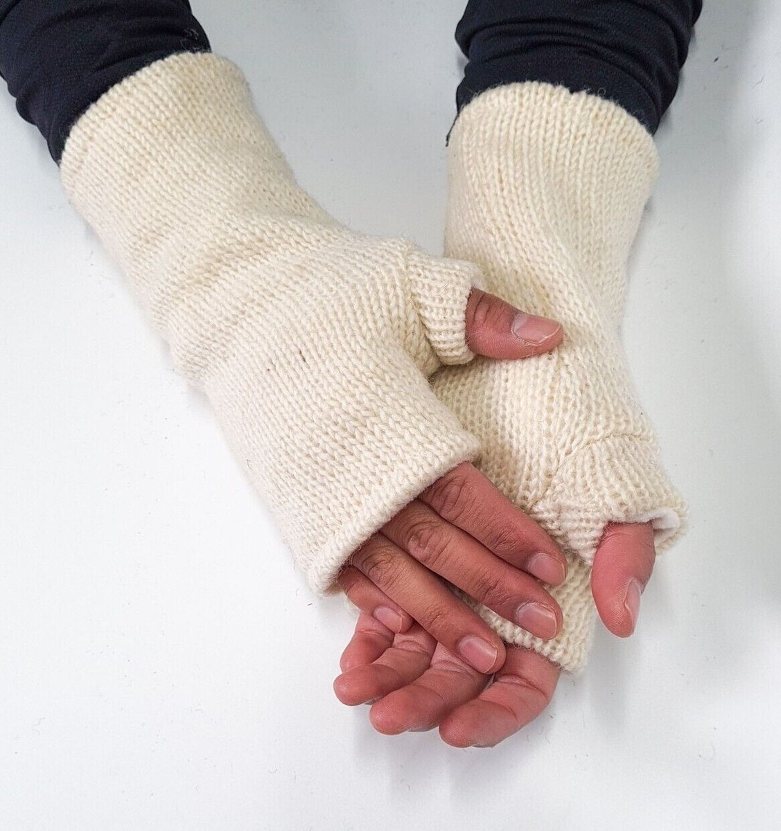 White PURE WOOL Gloves Hand Warmers Winter Fingerless Mitten Nepal
