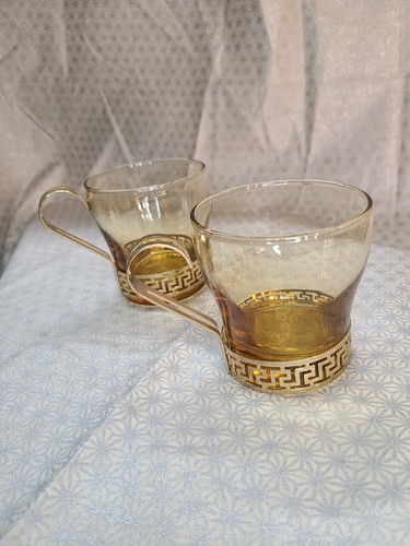 2 Libbey Continental Amber Glass Cups Vintage Metal Handle Mugs Greek Key Pair - Picture 3 of 11