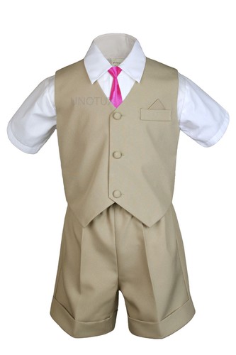 Baby Boys & Toddler Formal 6pc Khaki Vest Shorts Suits Extra Necktie Outfit - Picture 12 of 28