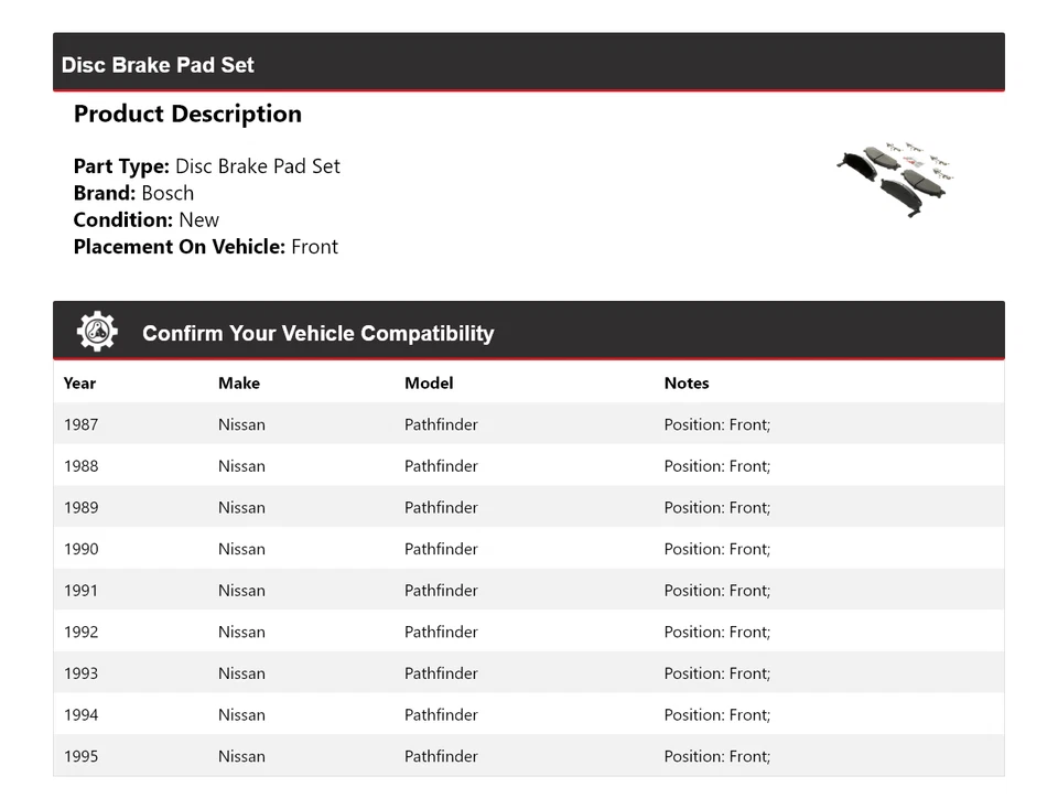 Pastillas de freno semimetálicas con delanteras HD para Nissan Pathfinder Bosch 1987-1995 Foto 2 de 4