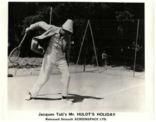 Mr Hulot's Holiday Original Lobby Card Jacques Tati playing tennis in odd hat