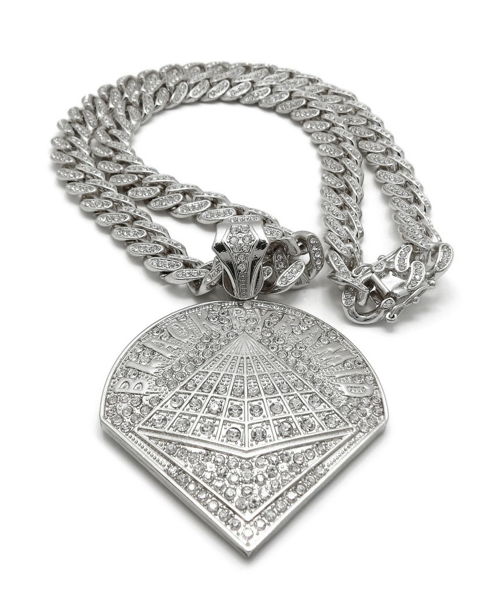 ICED BLACK PYRAMID CHRIS BROWN PENDANT SILVER CUBAN LINK