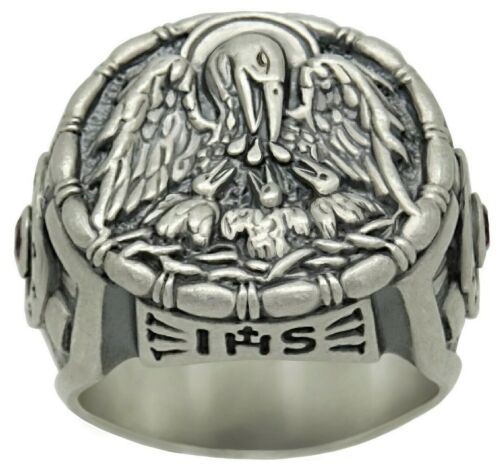 Jesuiten IHS Sterlingsilber Kreuz Herrenring christlicher Pelikan mit Küken - Bild 2 von 12