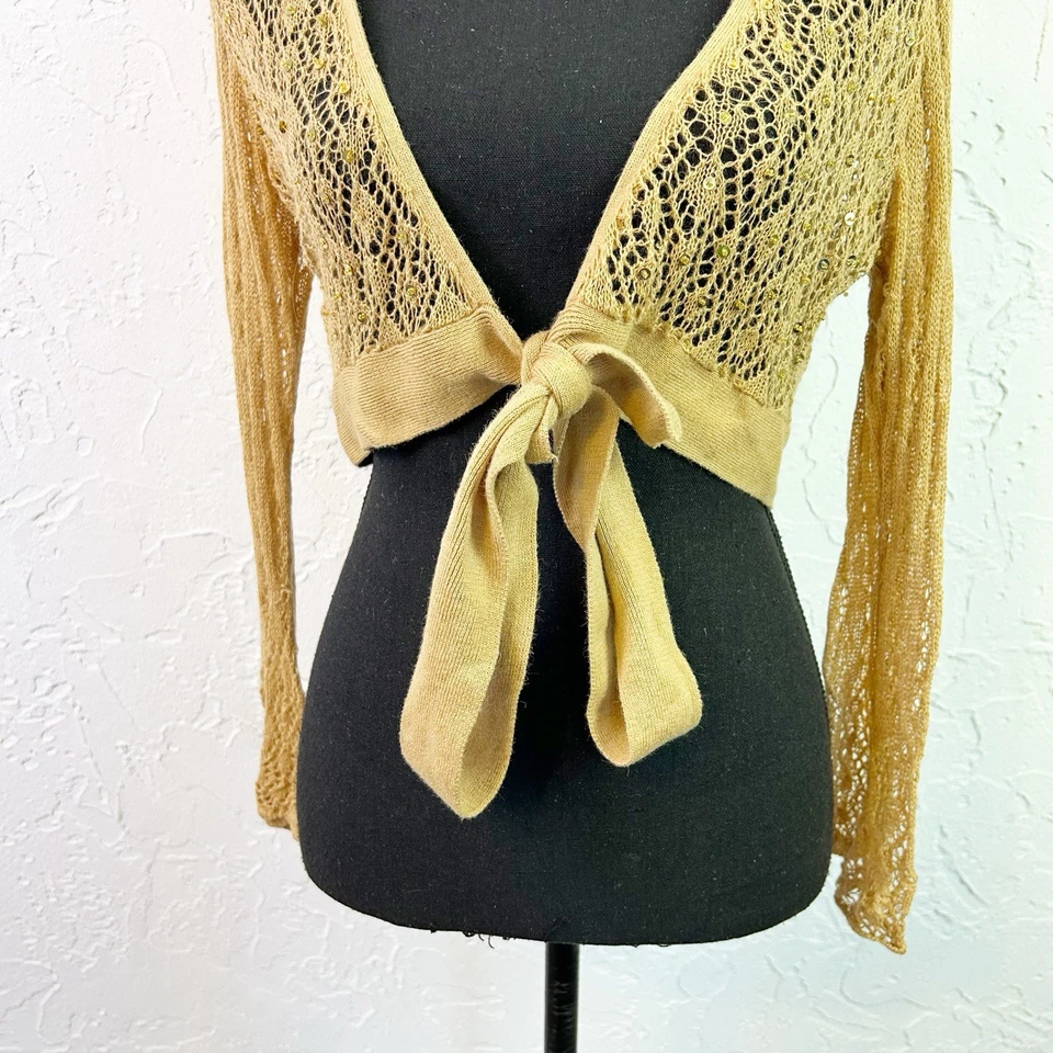 Cardigã Vintage Y2K Dourado Lantejoulas Frente Encolher Encolher Tamanho Grande Fairycore - Imagem 2 de 4