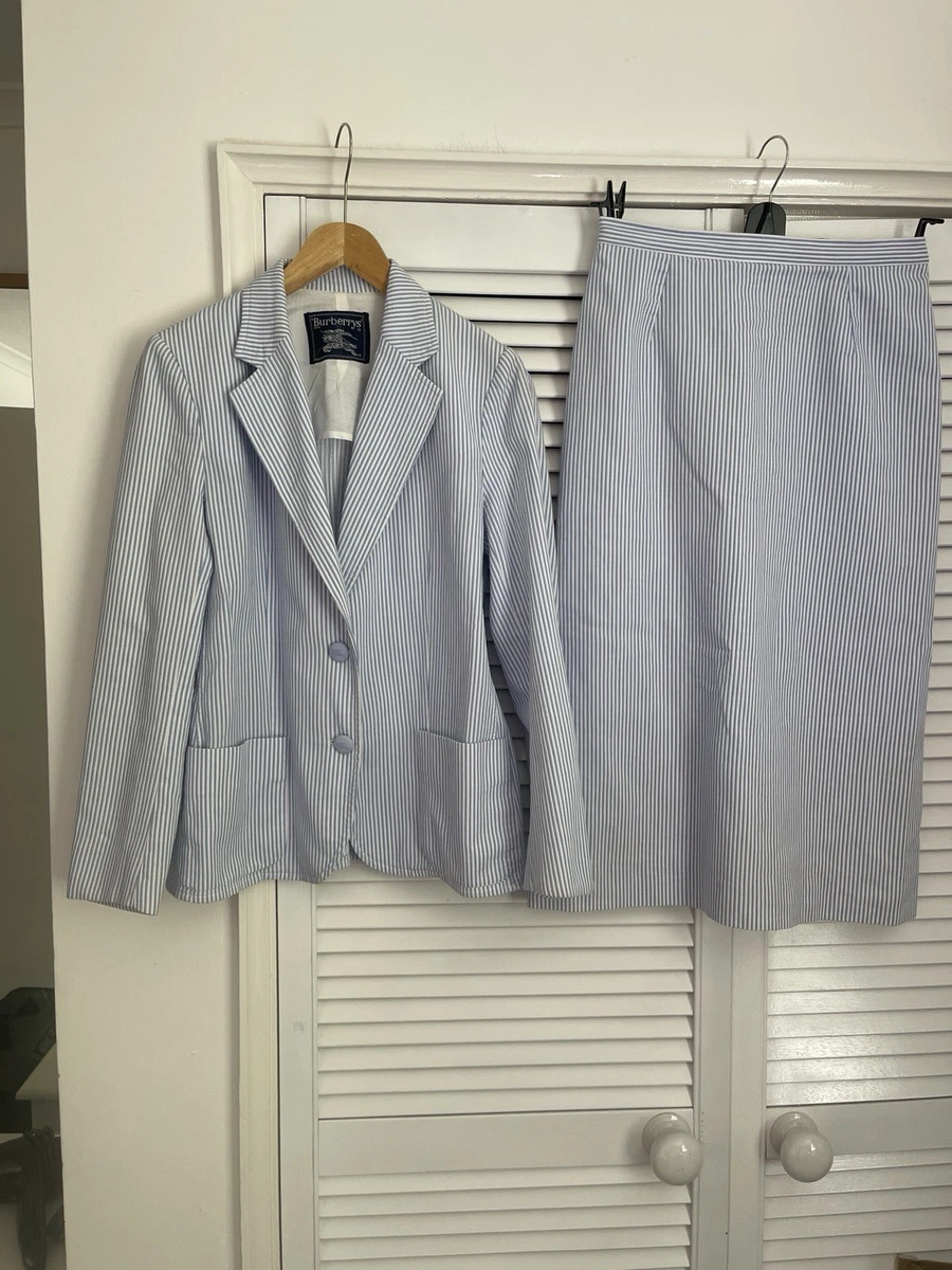 Mujer Burberry Falda Chaqueta Traje Talla 10/12 Azul Blanco Rayas Excelente Estado