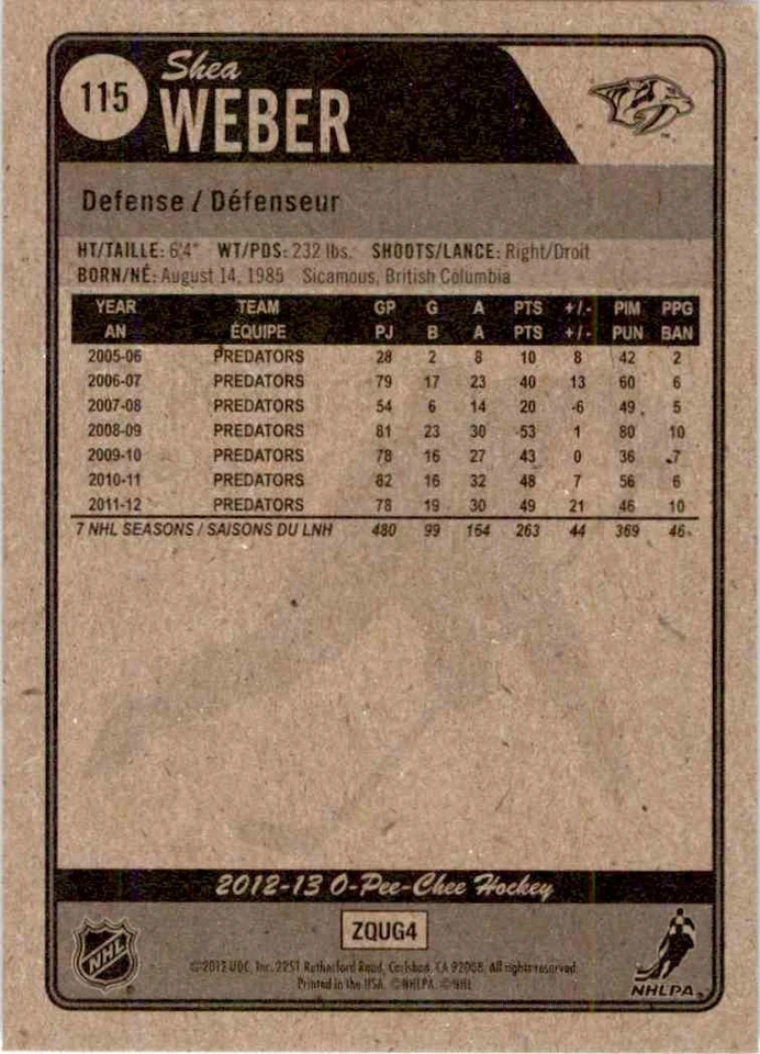 2012-13 O-Pee-Chee Shea Weber #115 - Image 2 of 2