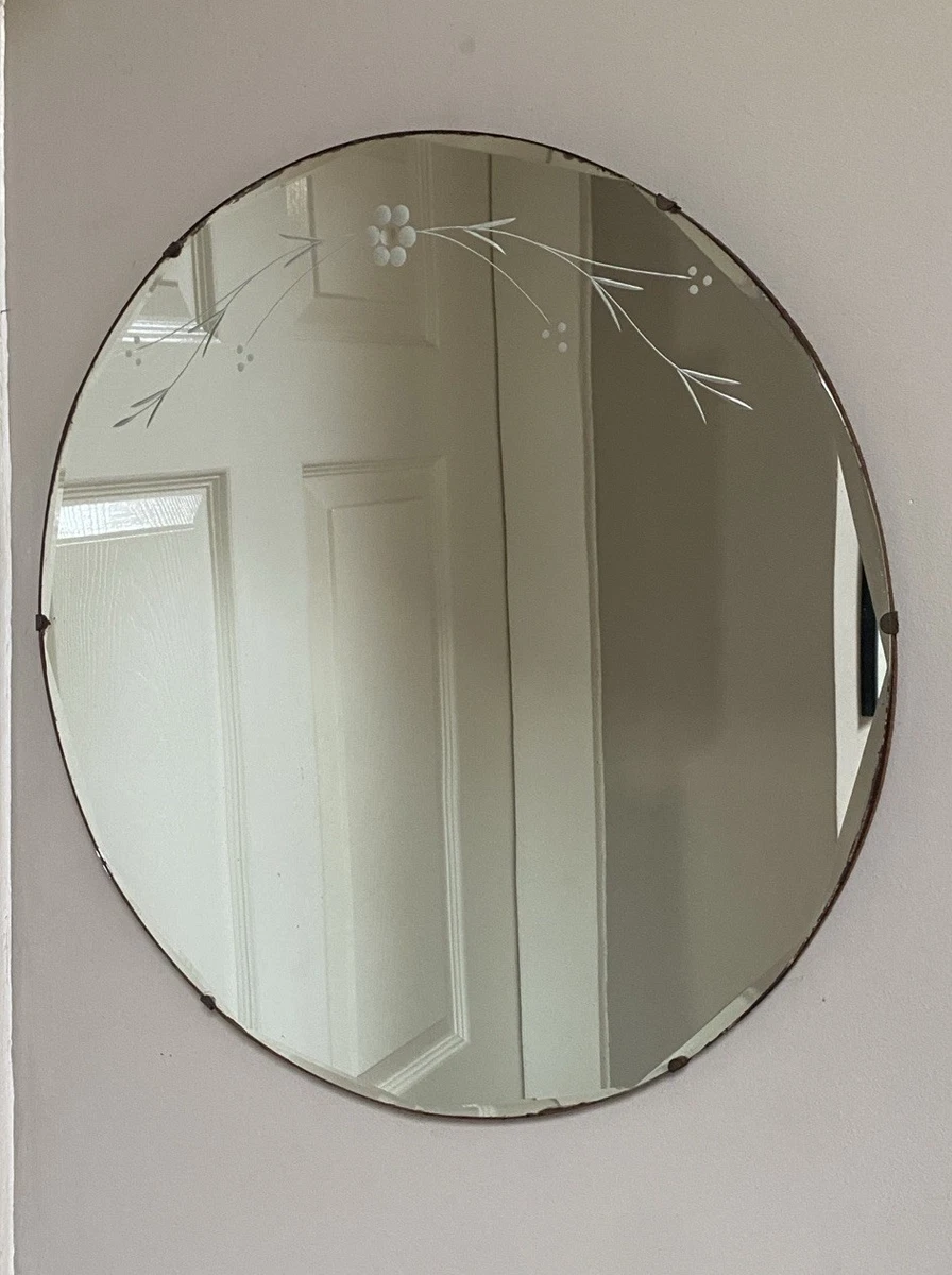 Art Deco Mirror 1930s Etched Frameless Scalloped Round Bevel Edge Vintage