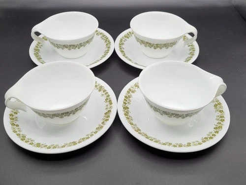 Corelle Spring Blossom Green Crazy Daisy 4 Tea Cups & 4 Saucers Vintage Set