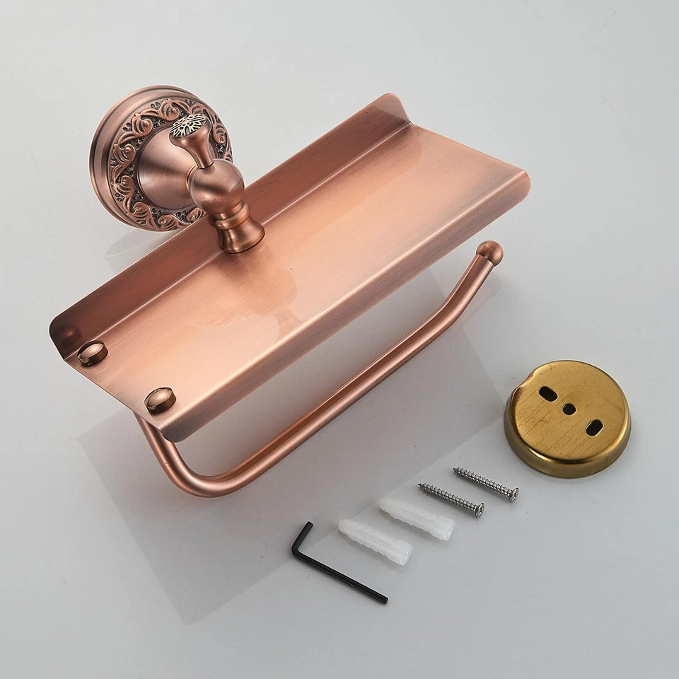 Soporte de papel higiénico de baño de cobre rojo con estante para teléfono, baño montado en la pared Foto 2 de 4