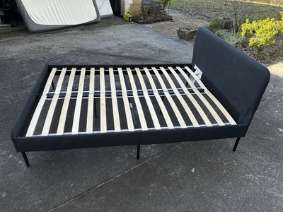 IKEA Queen Upholstered Bed Frame Black Metal Wood Slatted
