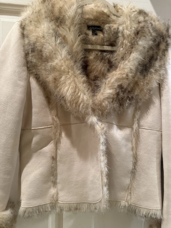 Винтажный Bebe искусственной замши искусственного меха куртка кремовый цвет размер женщин большой - Изображение 3 из 4