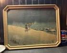 Antique 1925 Alfred Kowalski Art Lithograph LONE WOLF Winter print Octagon frame