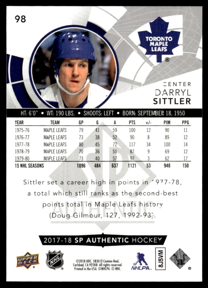 2017-18 SP Authentic Darryl Sittler Toronto Maple Leafs #98 - Image 2 of 2