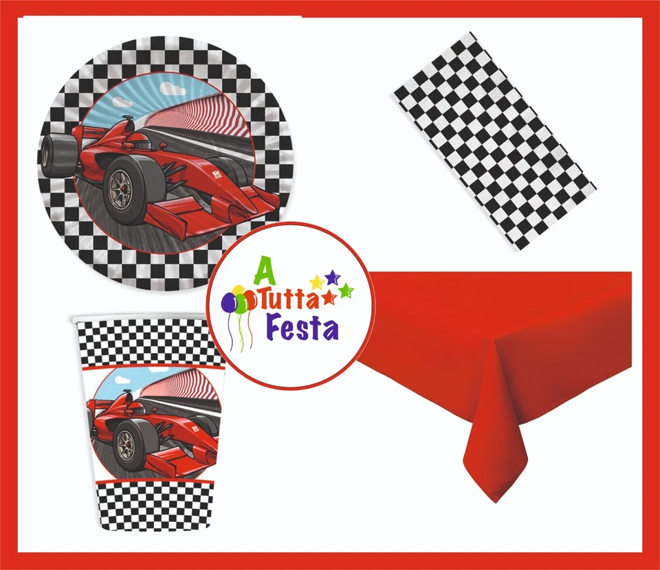 KIT ADDOBBI FESTA COMPLEANNO FERRARI X8X16X24X32X40 PERSONE PIATTI BICCHII