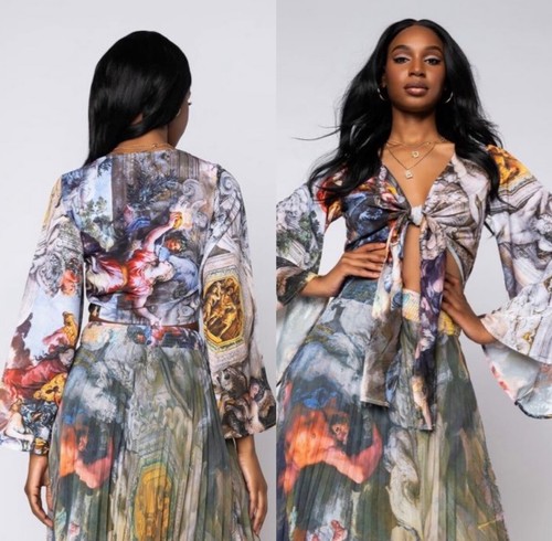 NWT Fabulous RENAISSANCE Art Print Tie-Front ANGEL SLEEVE Blouse TOP Small - Picture 3 of 12