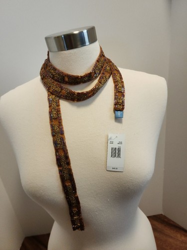 Nine West Bronze Brown Beaded Skinny Scarf Sash NWT
