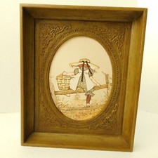 Holly Hobbie Art 1971 Green Plastic Ornate Deep Framed 7.5x9 Vintage USA Picture