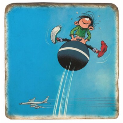 Collectible Gaston Lagaffe marble plaque with his jumping ball (20x20cm)