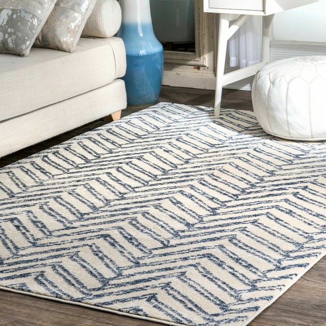 nuLOOM Distressed Geometric Herringbone Area Rug in Ivory and Blue eBay