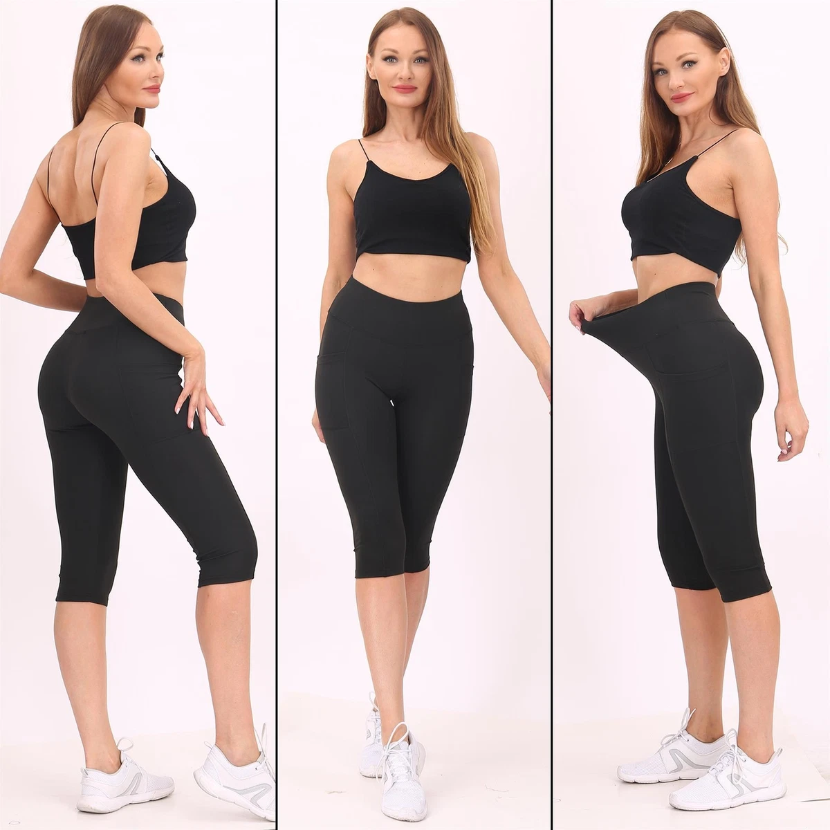 Women's High Waist Capri Leggings Soft 3/4 Tummy Control Gym Pants With  Pockets