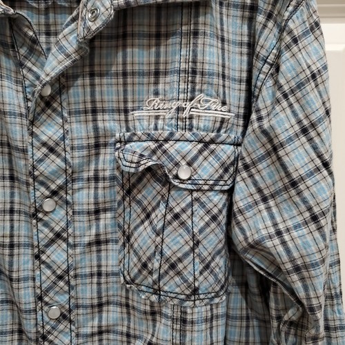 RING OF FIRE Western Style Pearl Snap Men's Shirt Moto Patch Logo Plaid M L.A. - Picture 4 of 9