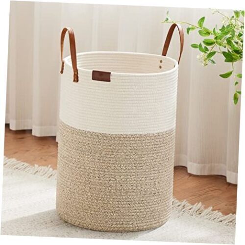Tall Laundry Basket, Large Dirty Clothes Hamper with Leather Handle, 72L Brown