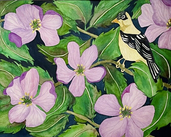 PAINTING WATERCOLOR PINK LAVENDER CHERRY FLOWERS BIRD 11X14 AND DOUBLE MAT 16X20