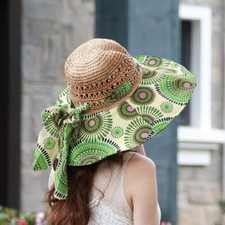 Women Wide Brim Bucket Hat Cutout Straw Hat Ethnic Floral Printed Beach Cap