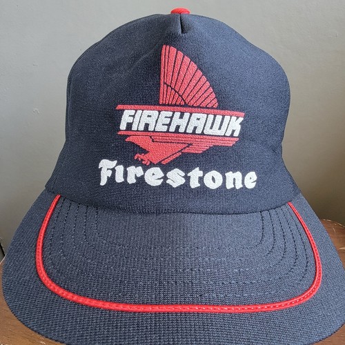 Casquette camionneur vintage rare Firehawk Firestone noir rouge toute mousse made in USA - Photo 2/9