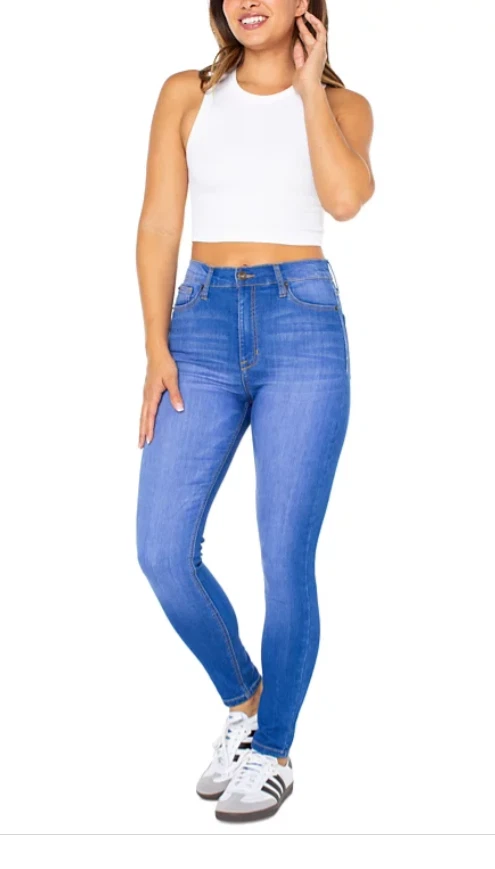 Pantalones de mezclilla rosas famosos para mujer, tiro alto, tiro medio, curvilíneos, tobillo ajustado, regenerar Foto 2 de 4