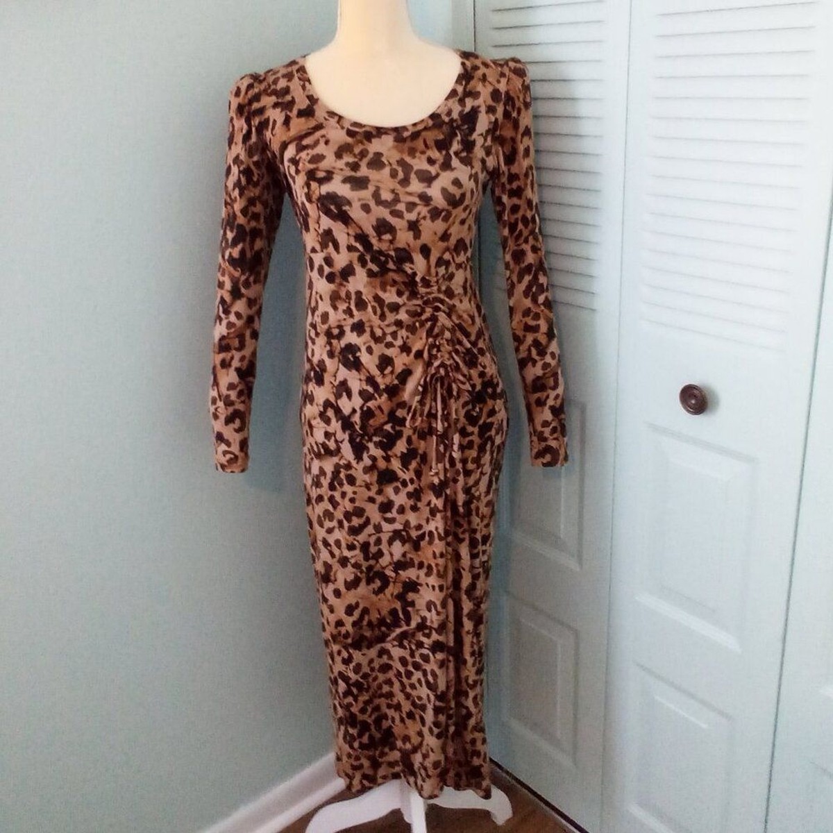 ruched animal print dress Ruched & Ready Too Good high neck mesh sculpted bodycon maxi dress in  leopard