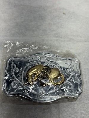 Horse with Head Down Saddle Vintage Western Belt Buckle Hong Kong 3 1/2'' Patina