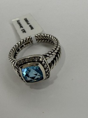David Yurman Petite Albion Blue Topaz Cushion Silver Ring Size 7 Signed